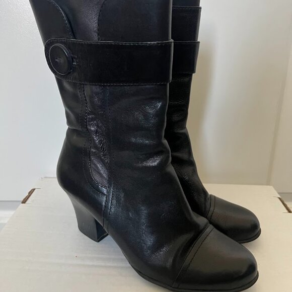 Born Black Crown Pratt Mid-Calf Block Heel Leather Side Zip Boots Size 8.5 - Picture 1 of 16